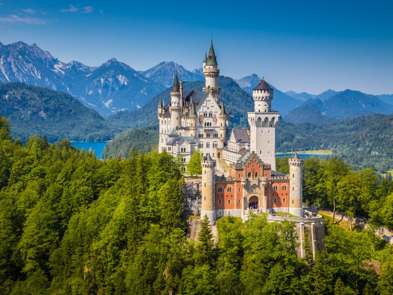 View of Neuschwanstein Castle in summer, sun is shining